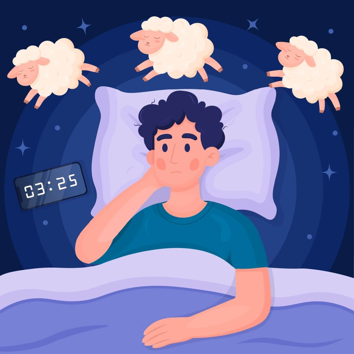 Vector cartoon image of a person with insomnia who counts sheep.