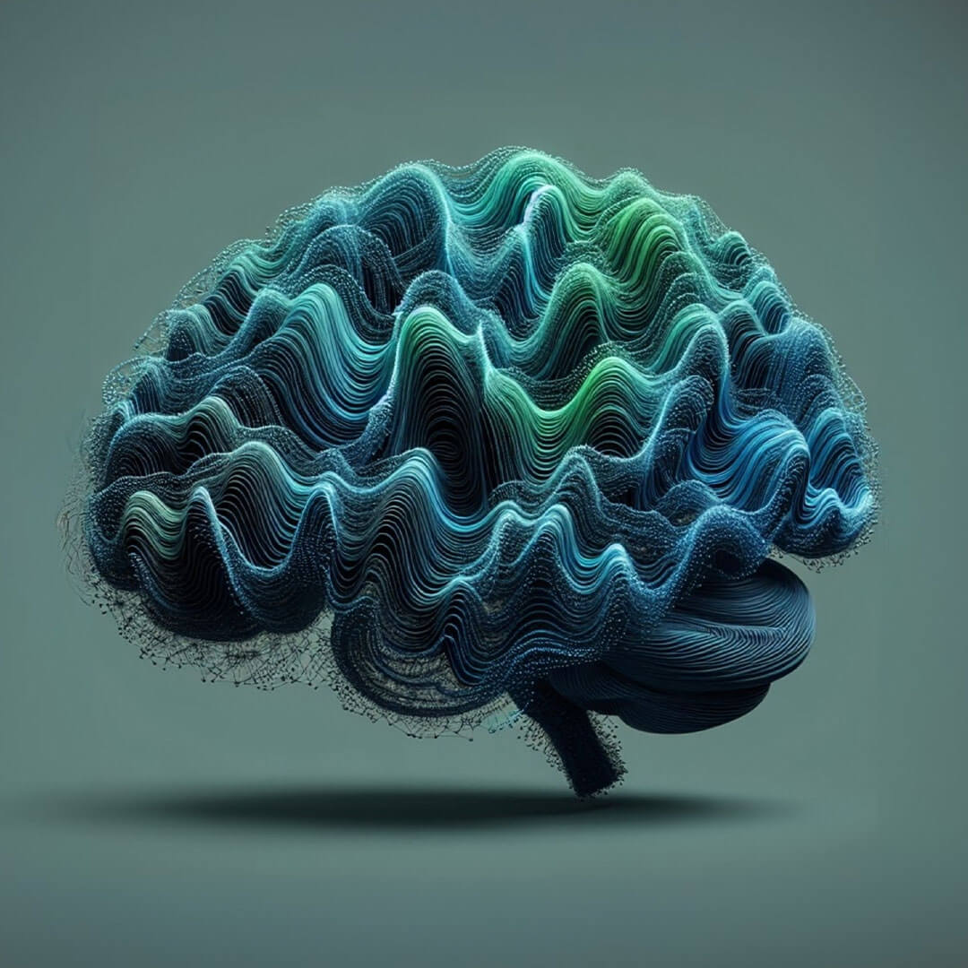 sound waves making the shape of a brain with dark blue and greens.