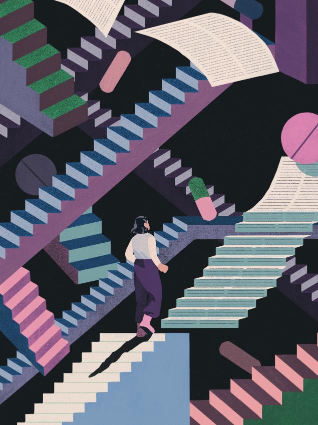 Illustration of multiple staircases and different medications with person walking up one staircase.