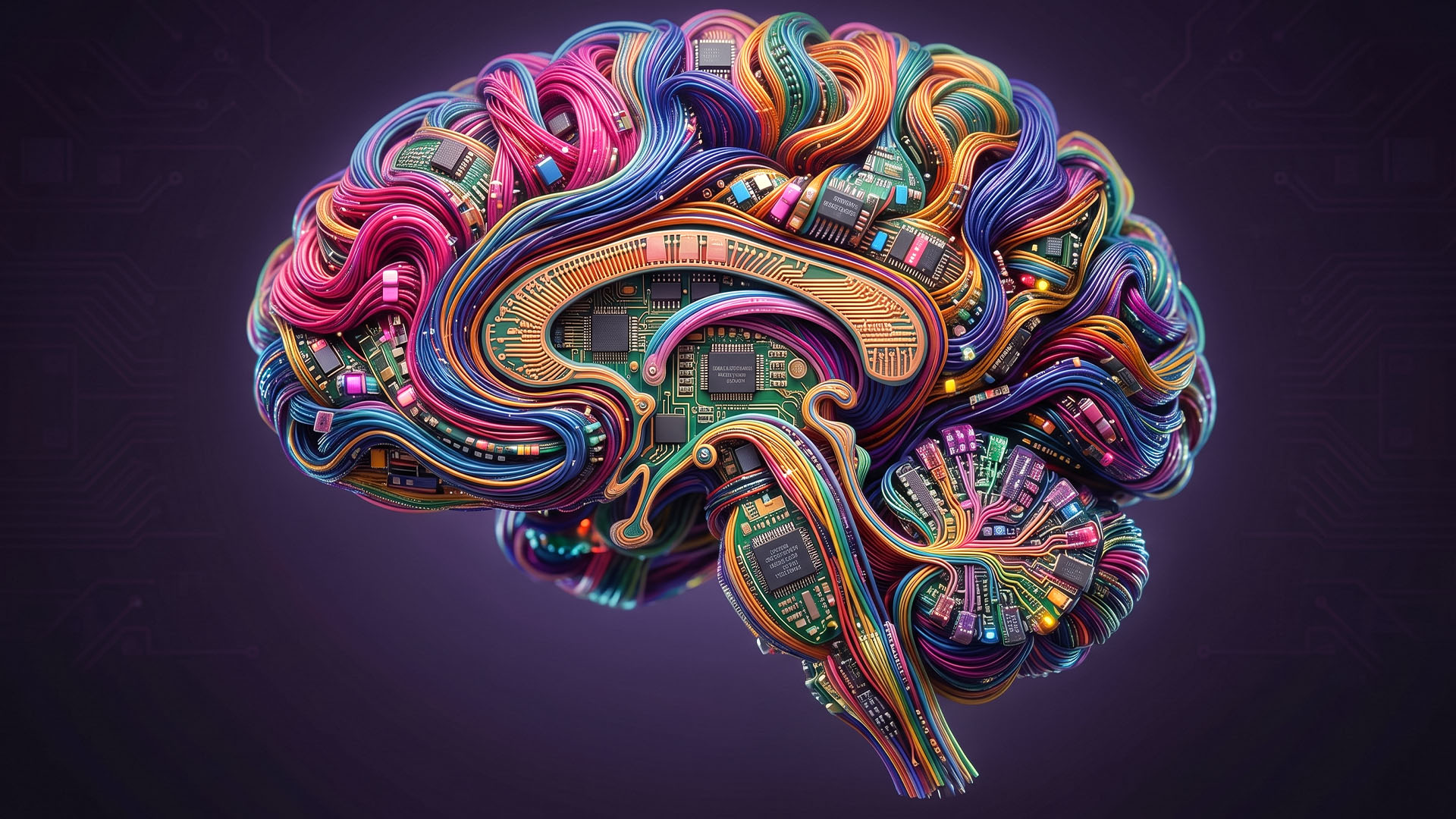 Illustration of a human brain formed from colorful wires, circuit boards, and electronic components, symbolizing artificial intelligence, machine learning, and the connection between technology and the human mind