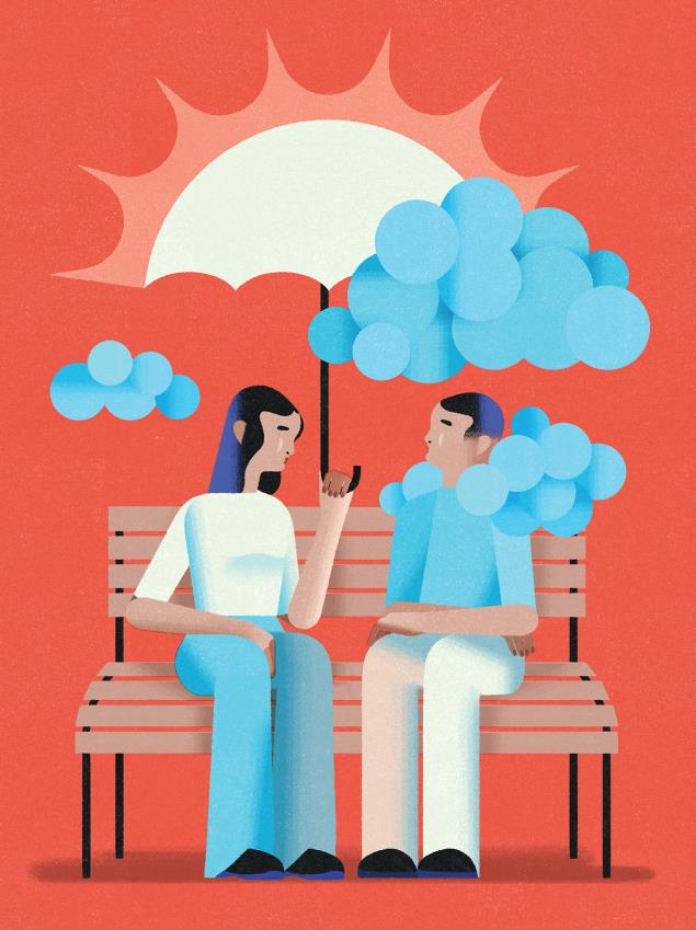 Illustration of two people sitting on a bench with one of them holding an umbrella over the other one's head