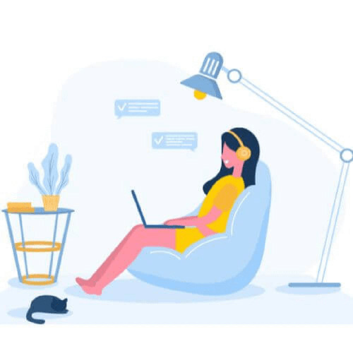 Illustration of a woman wearing headphones and working on a laptop while seated in a comfortable chair at home.