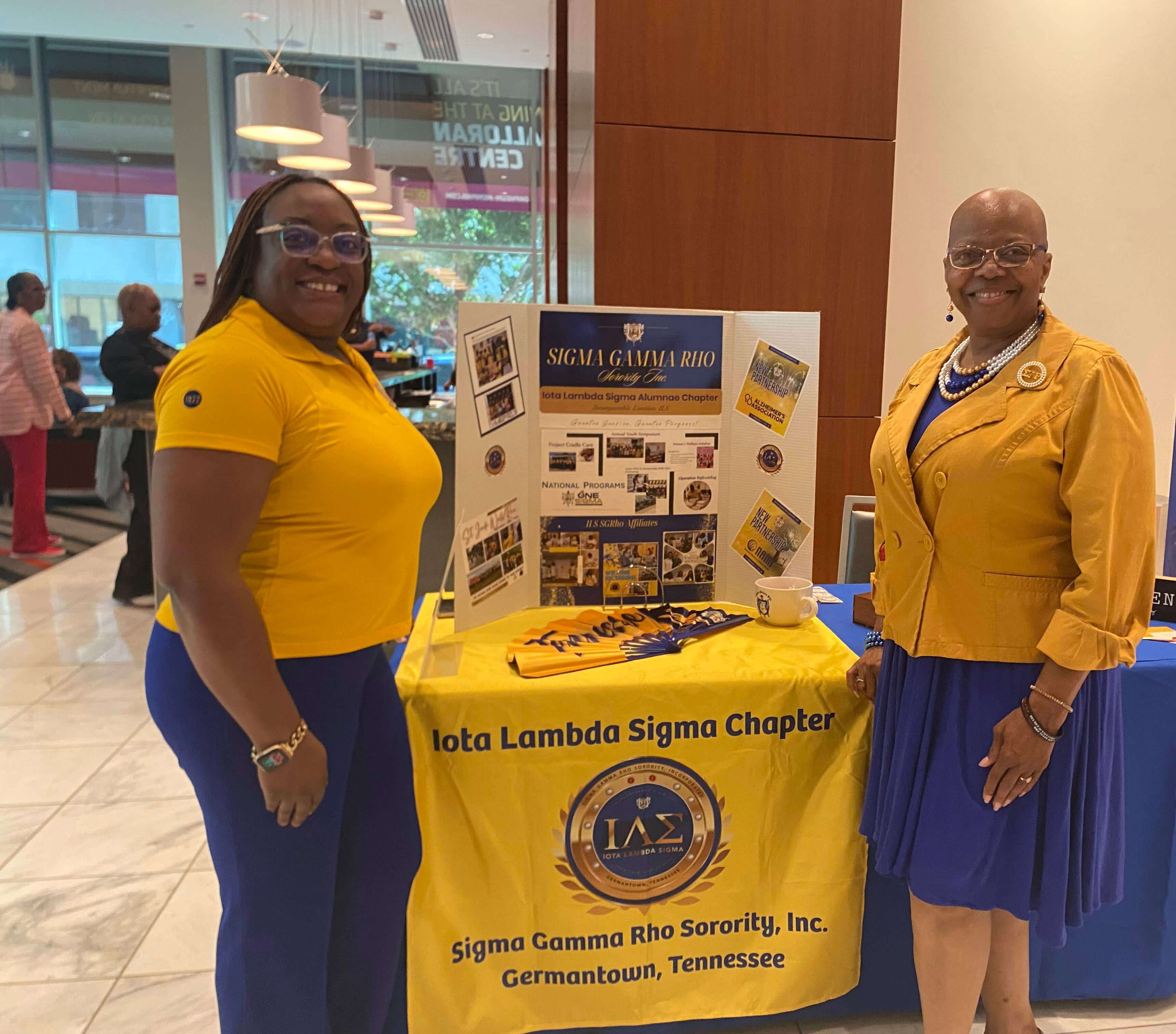 Left: Dr. Tondrea Spivey, Basileus, Right: Rev. Regina Jones, Chaplain, Iota Lambda Sigma Chapter of Sigma Gamma Rho Sorority, Inc., Germantown, TN. Exhibiting at the Alzheimer's Association Unforgettable stage play event.