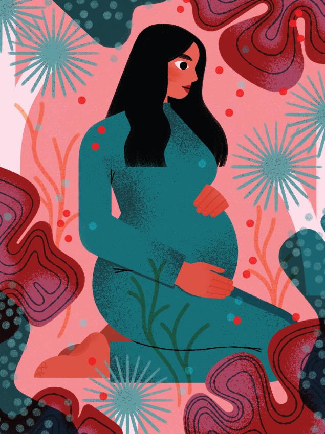 Colorful illustration of pregnant women kneeling on the ground and holding her stomach gently