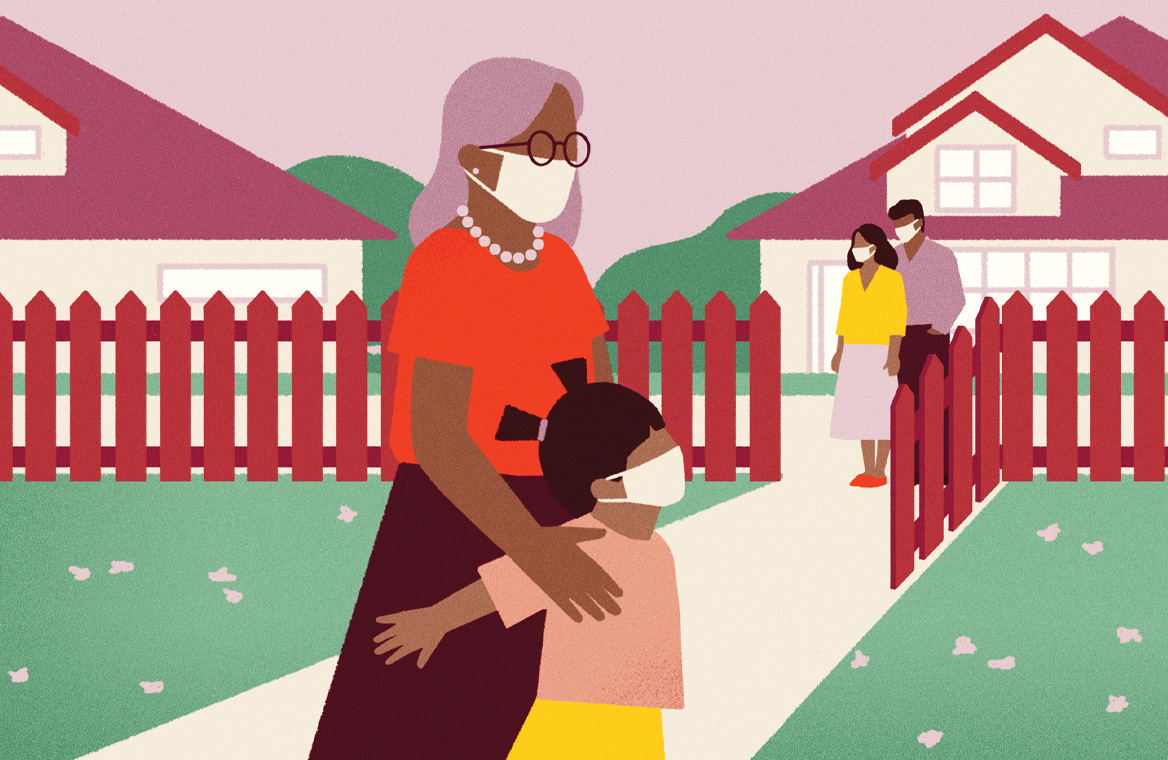 Illustration of grandma hugging child