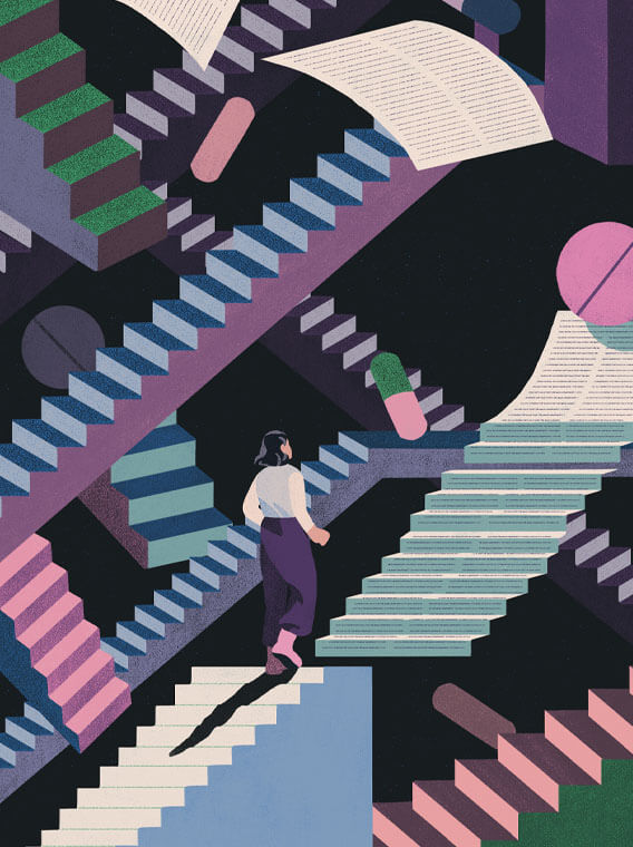 Social illustration of multiple staircases and different medications with person walking up one staircase.