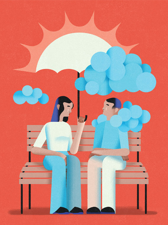 Social Illustration of two people sitting on a bench with one of them holding an umbrella over the other one's head