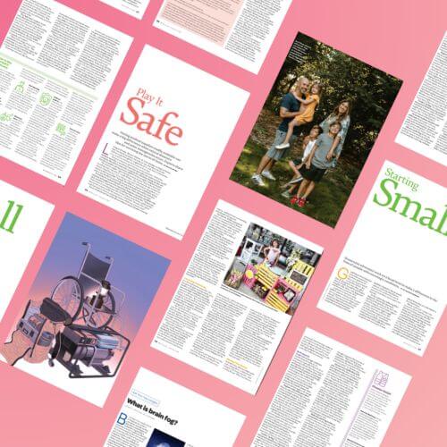 A flat lay of magazine article pages from Brain & Life displayed against a pink background. The pages feature a mix of photos, colorful headlines like "Play It Safe" and "Starting Small," and a variety of layouts including text, infographics, and illustrations such as a wheelchair and medical equipment.