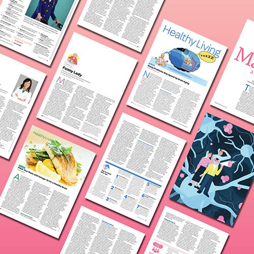 pink background with Brain & Life articles from the April/May issue laid out diagonally